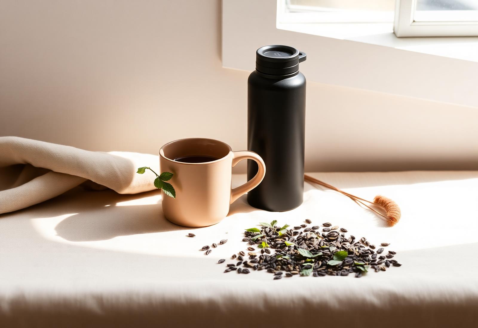 A matte black reusable flask and ceramic cup with loose-leaf tea on warm linen
